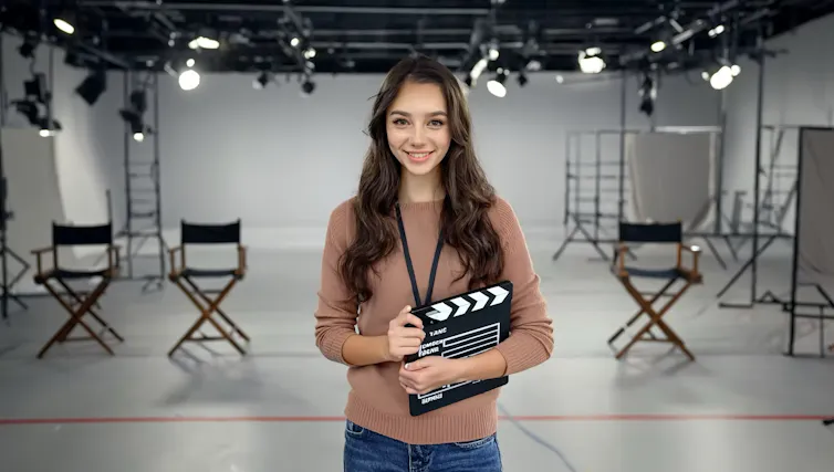 Norwood stands with a clapboard.
