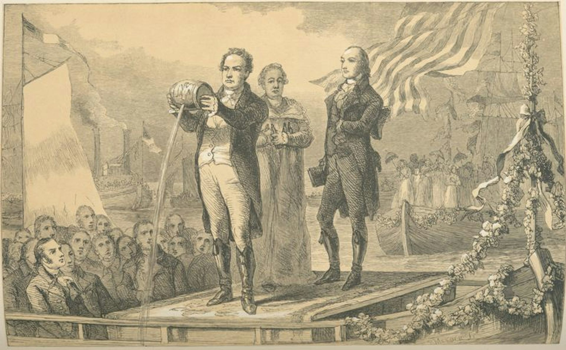 A faded black-and-white illustration of men in formal 18th-century clothing standing in front of a crowd as one pours a stream of water from a small barrel.