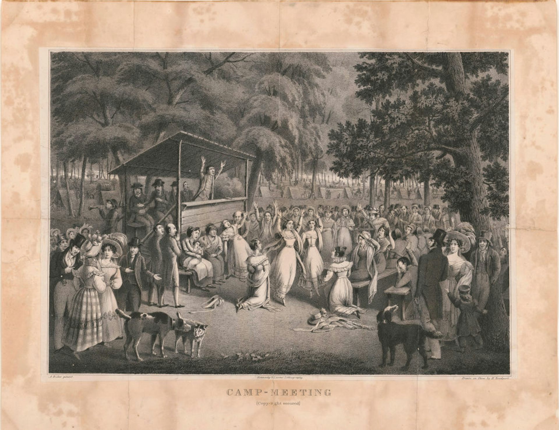 A faded black-and-white illustration of a small crowd in front of a speaker's stand in a clearing amid trees.