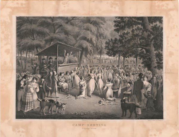 A faded black-and-white illustration of a small crowd in front of a speaker's stand in a clearing amid trees.