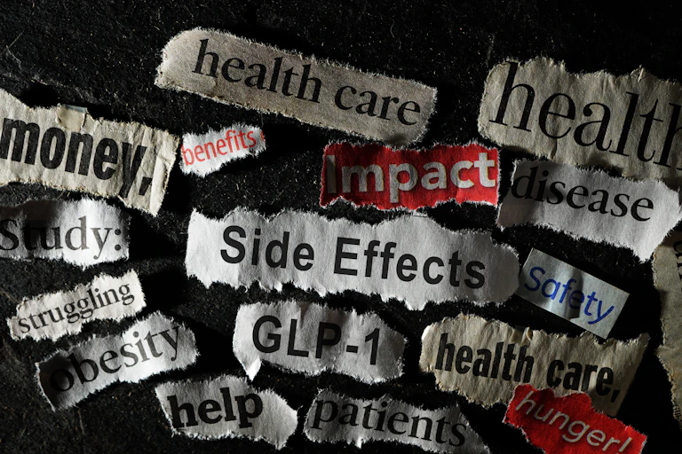 A series of words that have been torn out of a newspaper and placed on a black background. The words relate to weight loss drugs, including 'side-effects,' 'health care,' and 'help.'