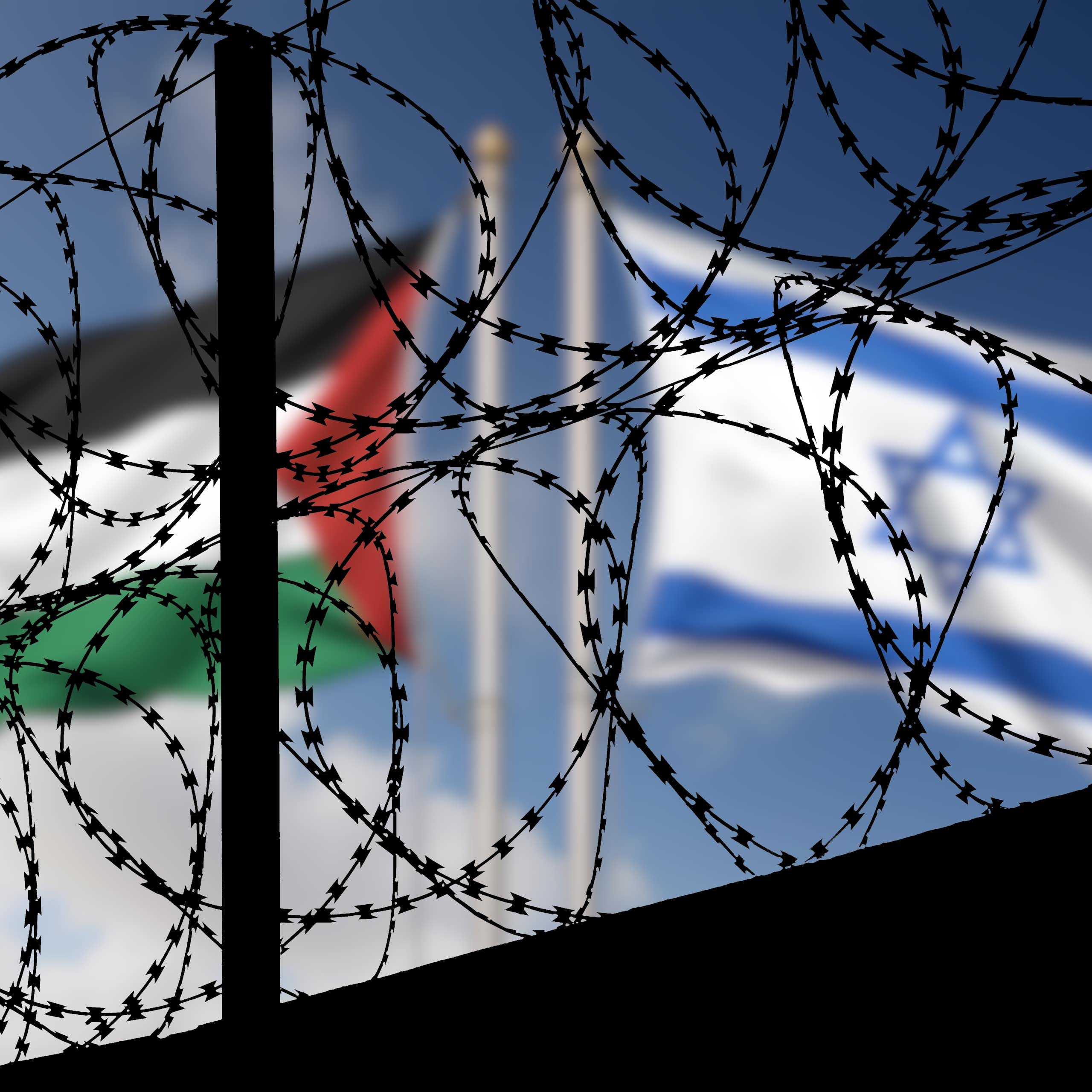 A composite picture of an Israeli flag and a Palestinian flag with barbed wire in the foreground.