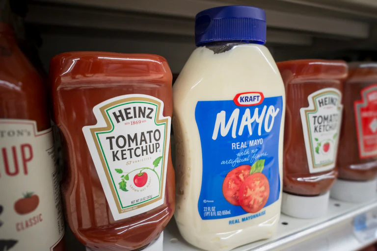 Une bouteille de ketchup Heinz et une bouteille de mayonnaise Kraft sur une étagère de magasin.
