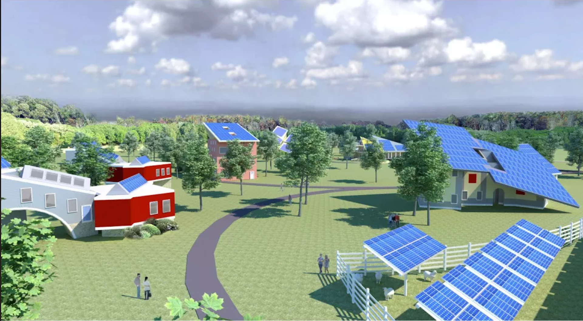 Representación de un pueblo con paneles solares