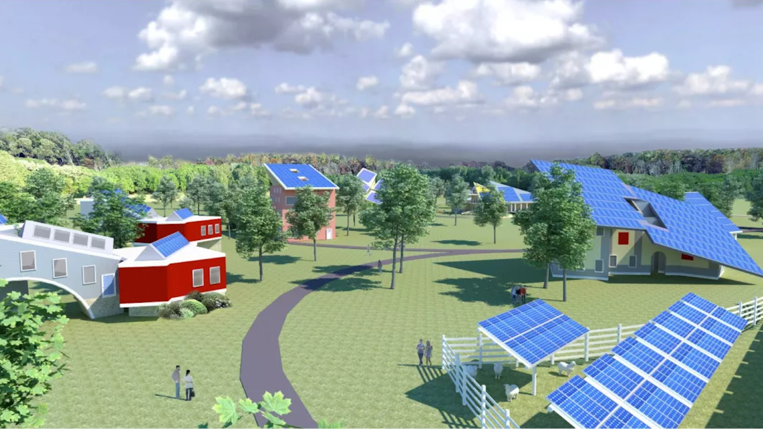 Representación de un pueblo con paneles solares