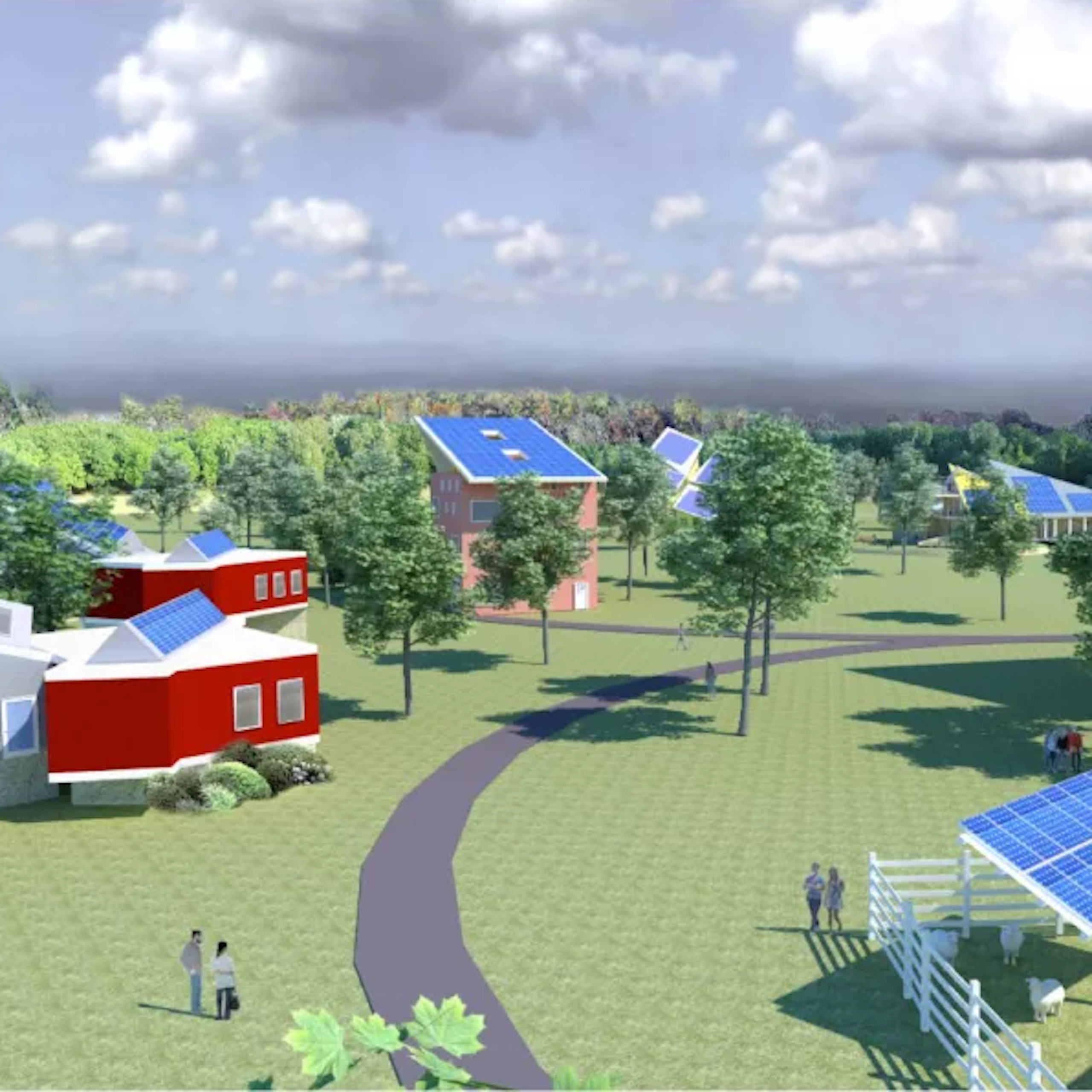 Representación de un pueblo con paneles solares