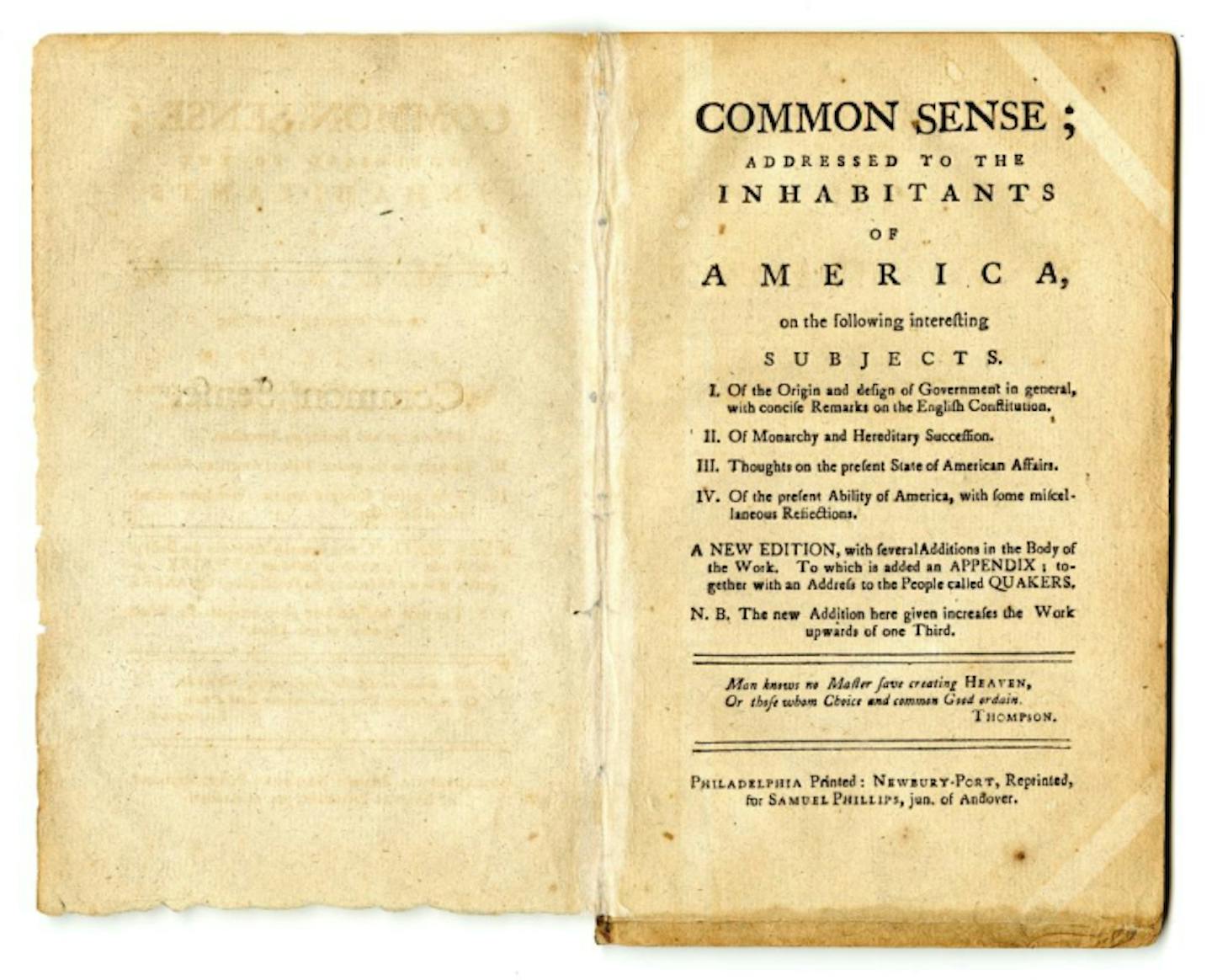 A yellowed copy of a short publication with the title 'Common Sense.'