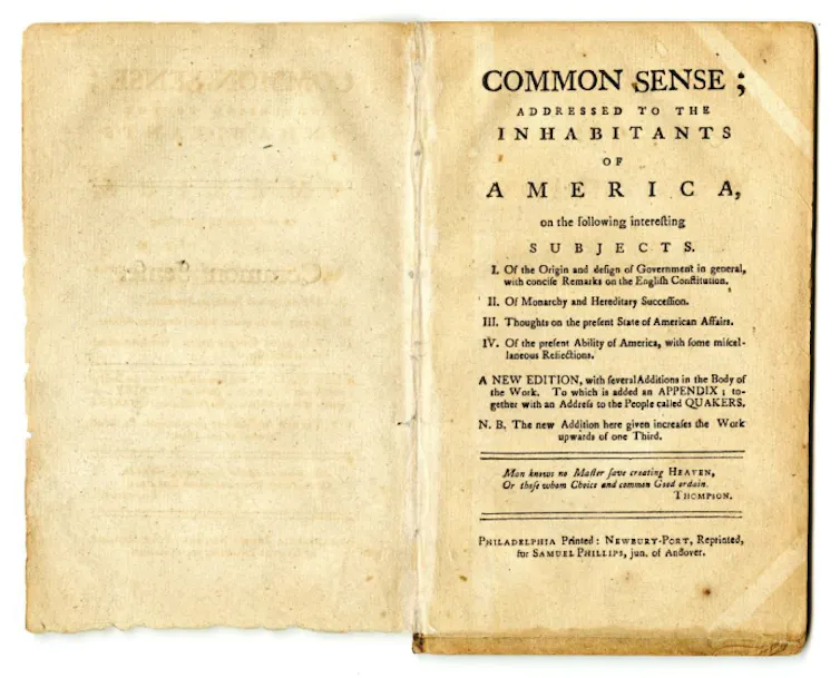 A yellowed copy of a short publication with the title 'Common Sense.'