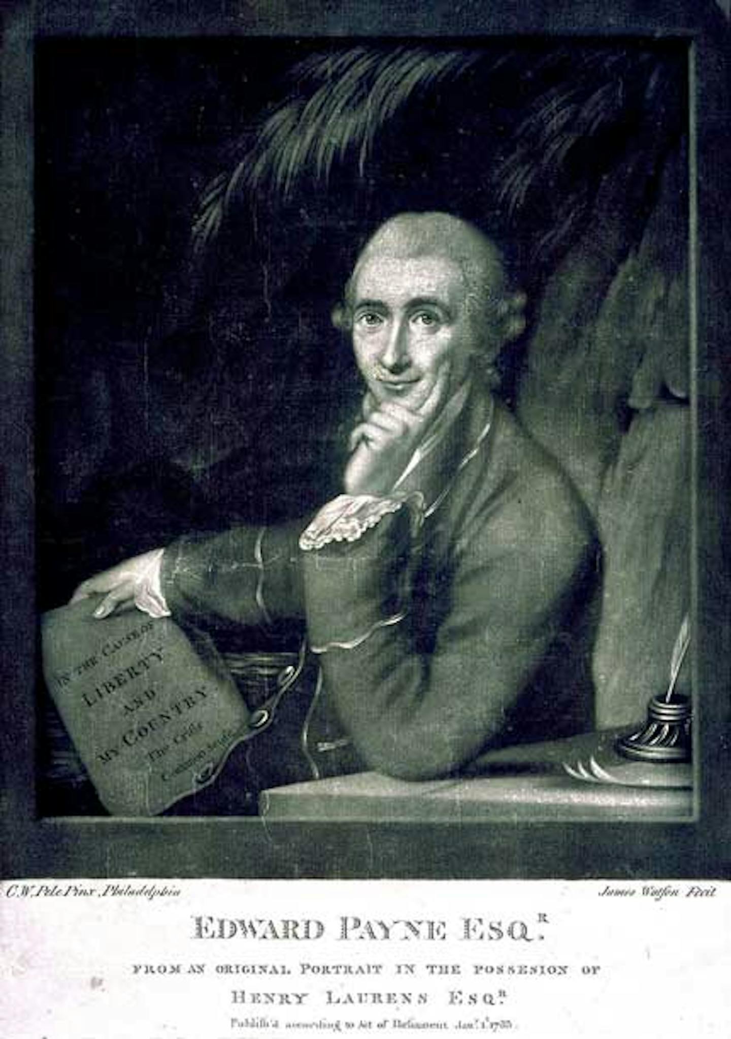 A somewhat puckish-looking middle-aged man from the 18th century, holding a