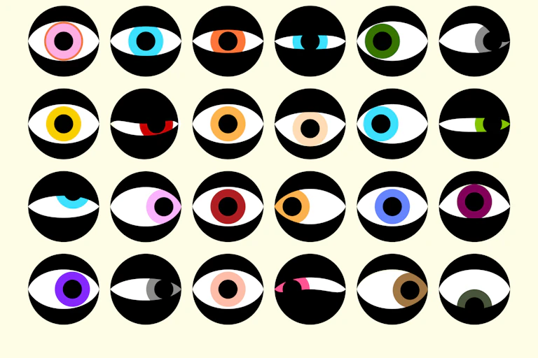 An illustrated grid of eyes in varied colours and forms of emotional expression.