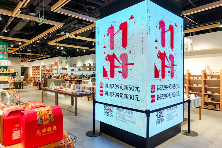 A large, illuminated sign in a retail store reads "11 11."