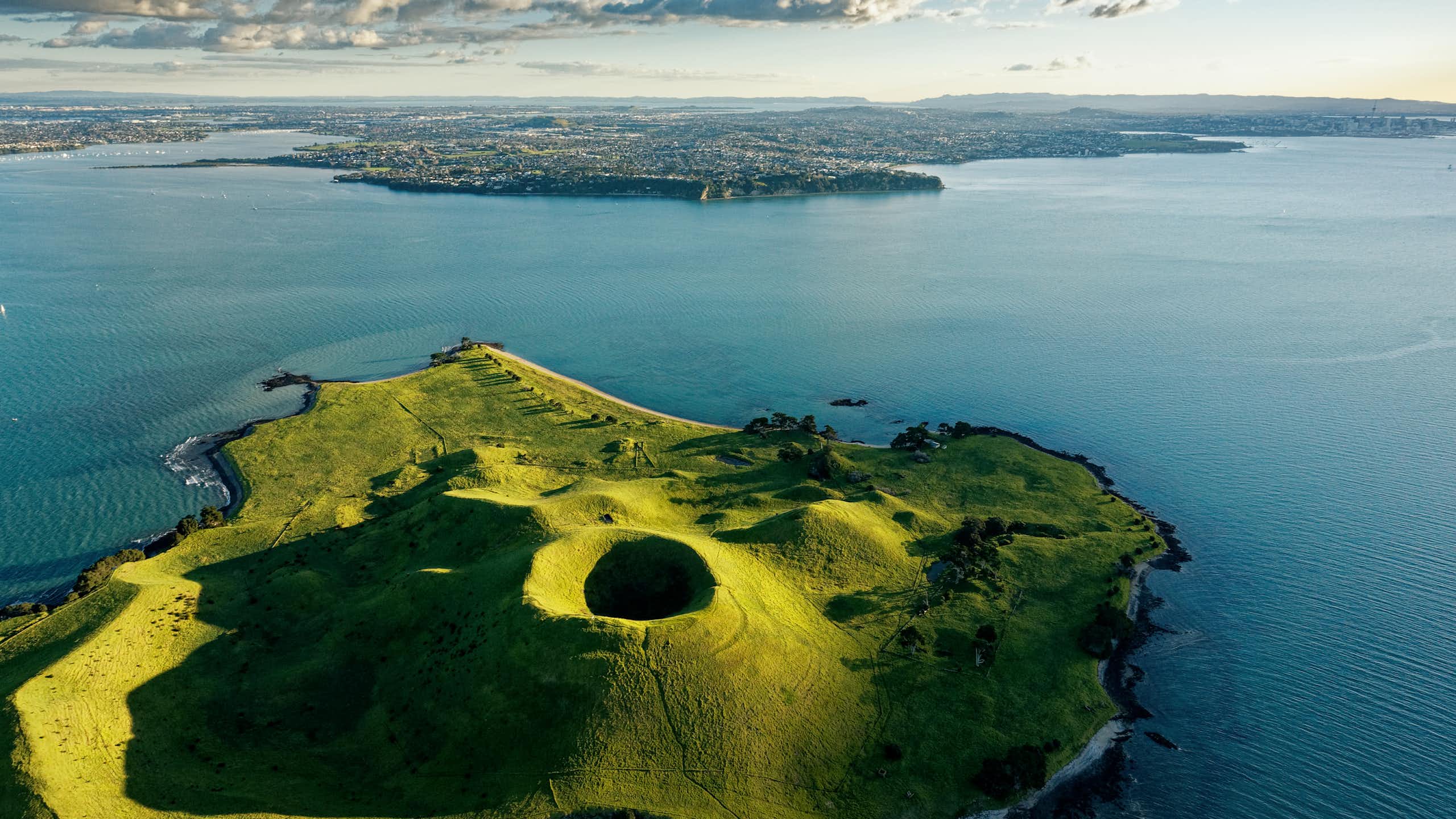 Aerial view of Browns Island, Motukorea, in the Hauraki Gulf looking towards Auckland's eastern suburbs.