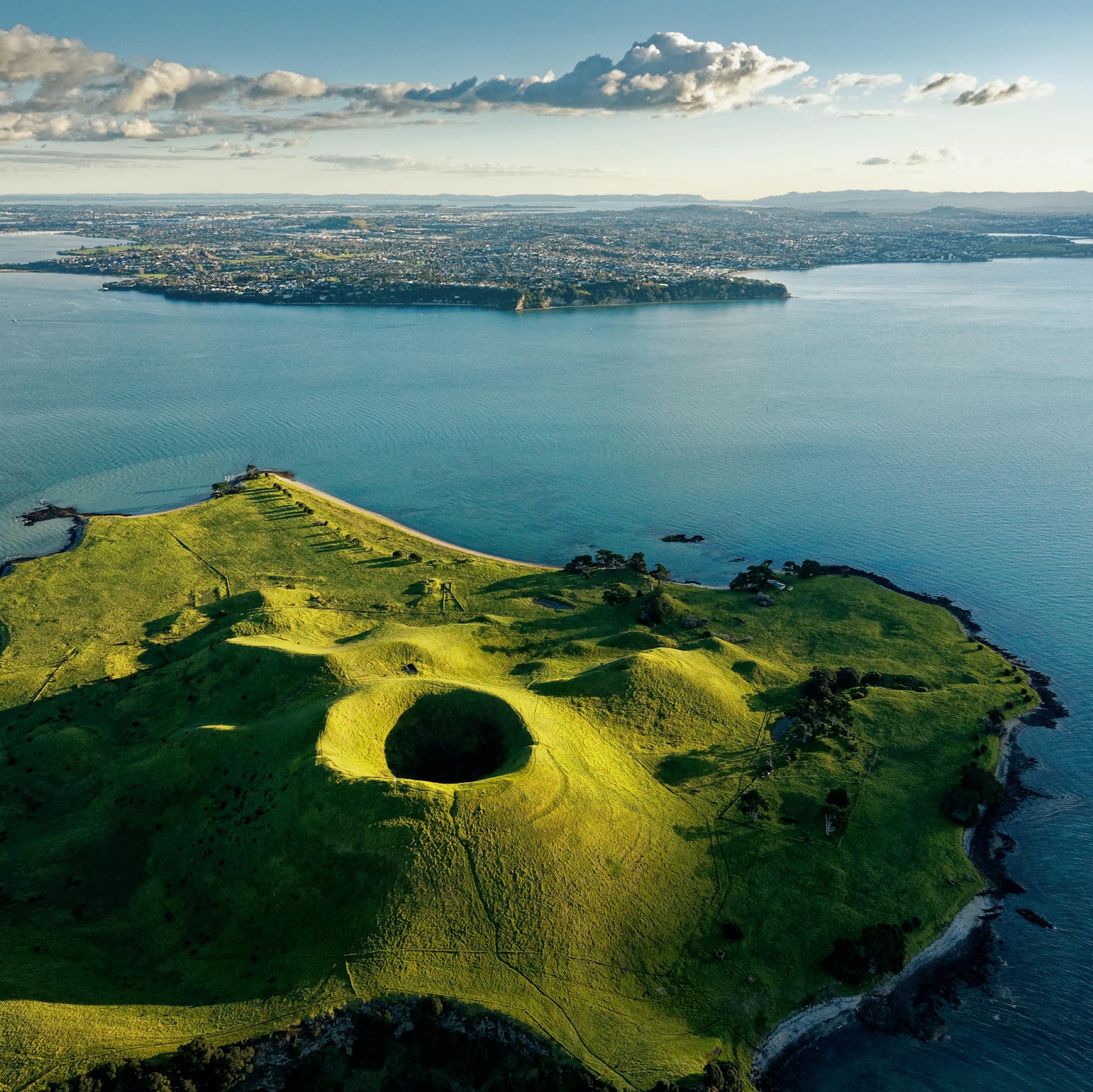 Aerial view of Browns Island, Motukorea, in the Hauraki Gulf looking towards Auckland's eastern suburbs.