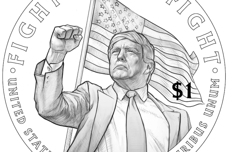 A draft of a coin depicting US President Donald Trump raising his fist.