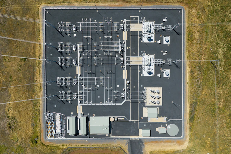 An aerial view of an electricity substation.