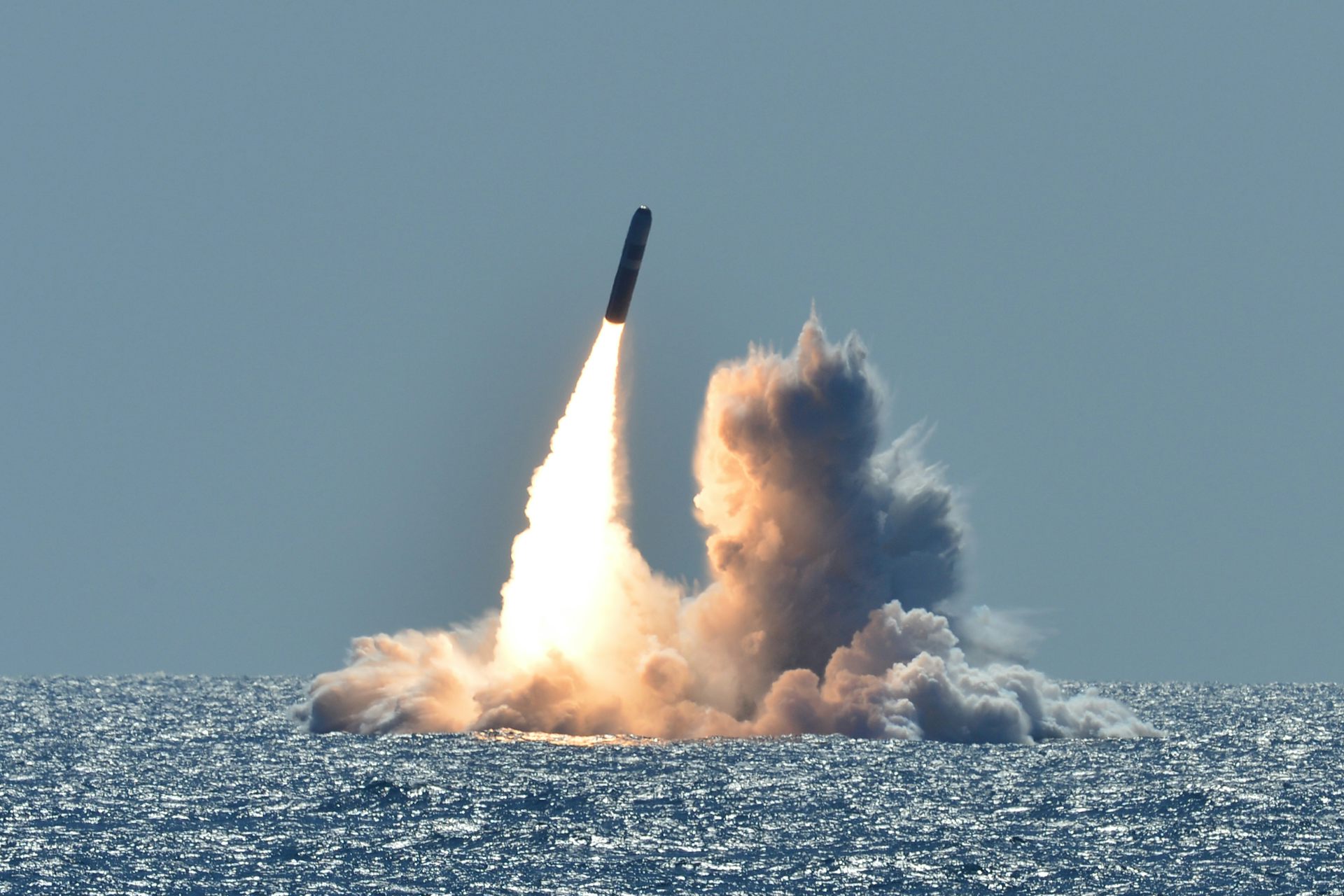 An unarmed Trident II D5 missile launches from the USS Nebraska