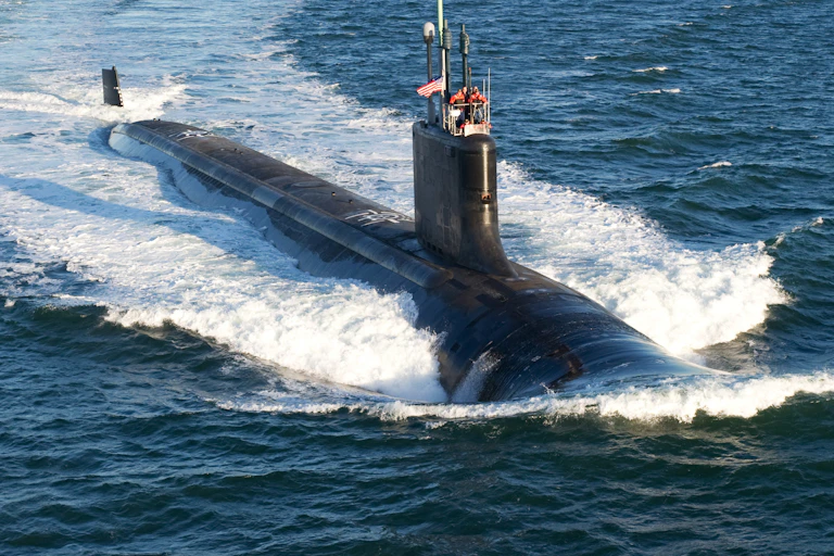 The future USS Mississippi, a Virginia-class attack submarine, during sea trials in the Atlantic Ocean.