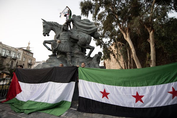 Demonstrators hold up flags.