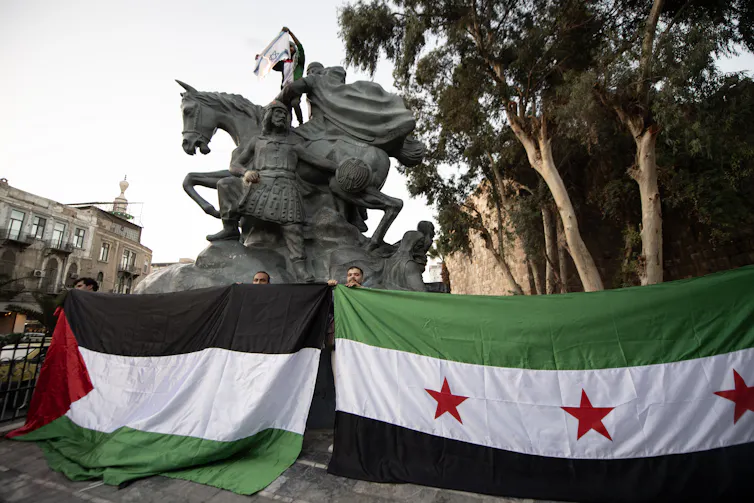 Demonstrators hold up flags.