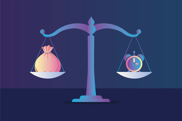 A scale, with a bag of money on one side and a clock on the other.