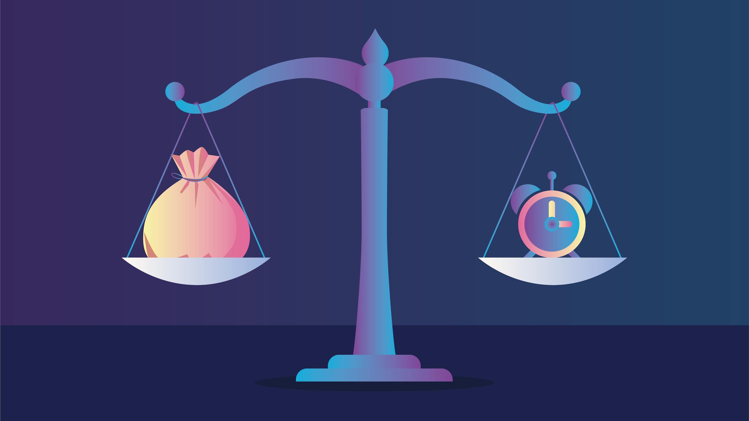 A scale, with a bag of money on one side and a clock on the other.