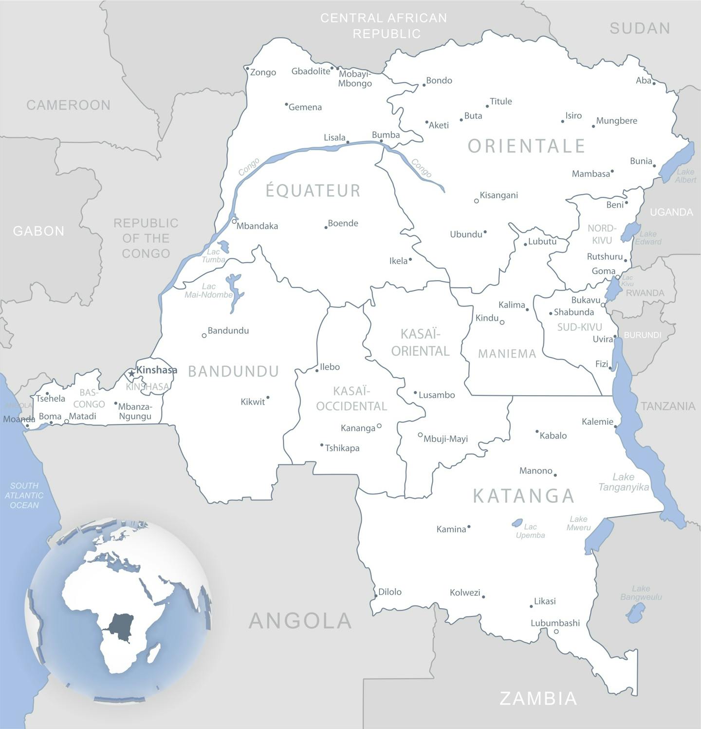 A map of the Democratic Republic of Congo, with its location in Africa displayed.