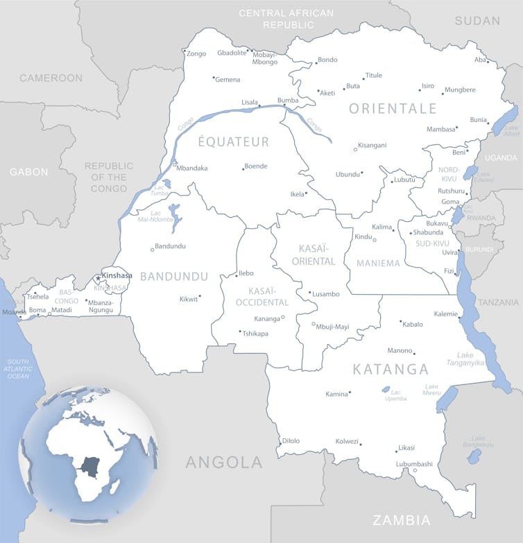 A map of the Democratic Republic of Congo, with its location in Africa displayed.