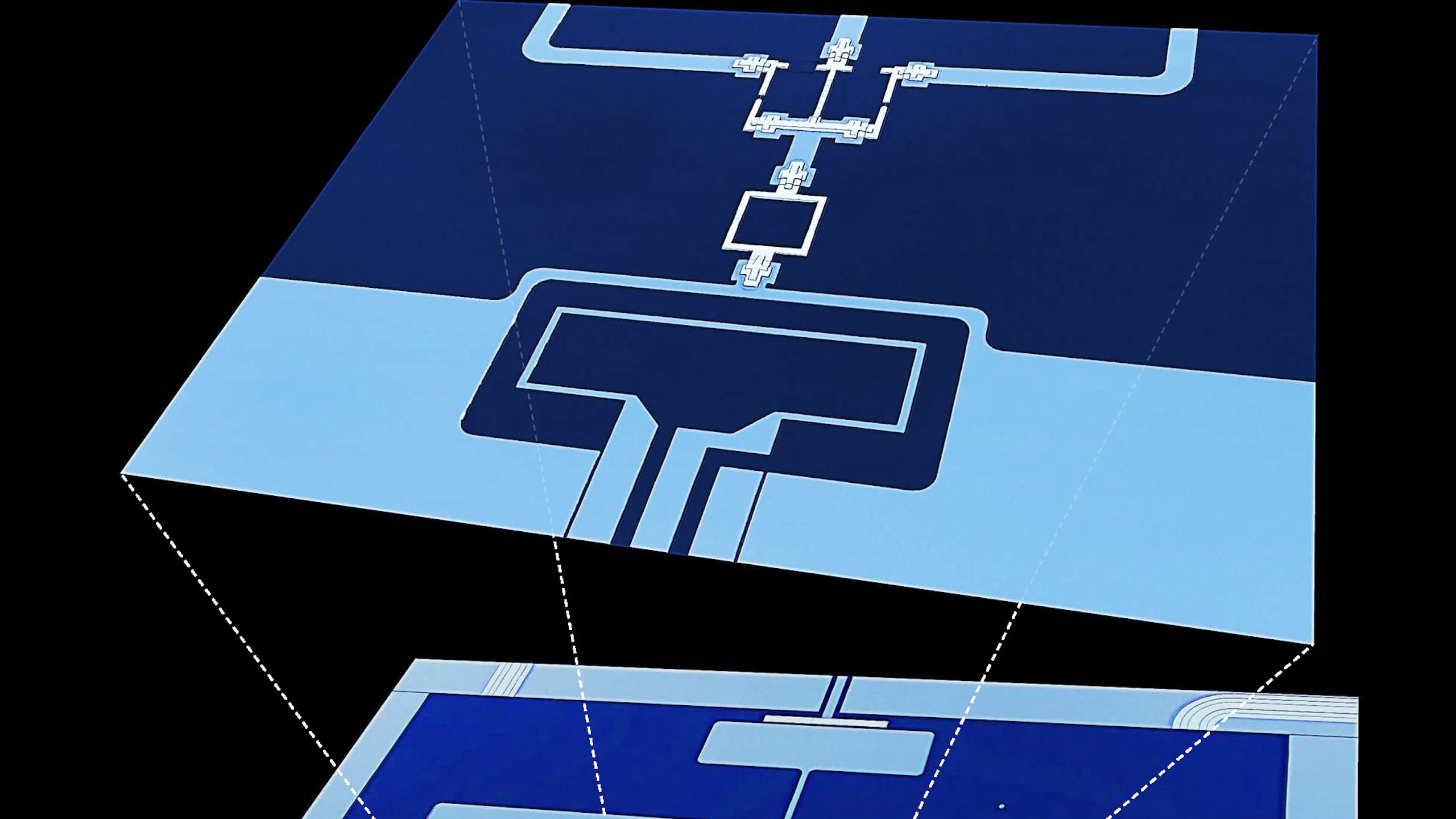 two planes, one above the other, containing sets of interconnected rectangles of various sizes