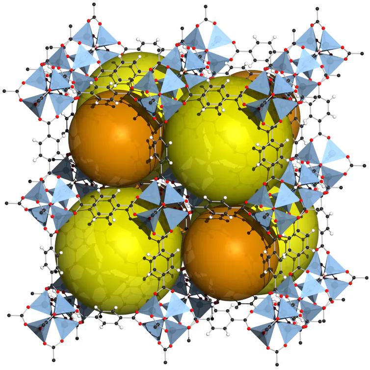 A diagram of molecules arranged in a cube structure, with empty space in each cube.