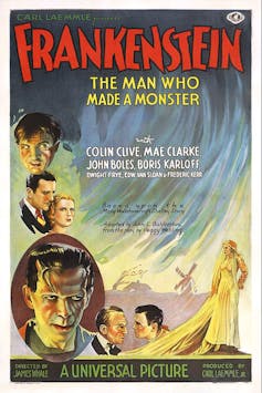 A colour film poster says 'Frankenstein,' and 'the man who made a monster' and shows a creature with green skin, two men in discussion and a woman in a long white dress.