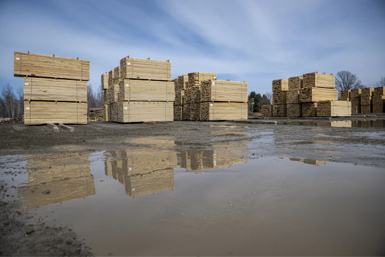 Stacks of milled wood stand in rows.