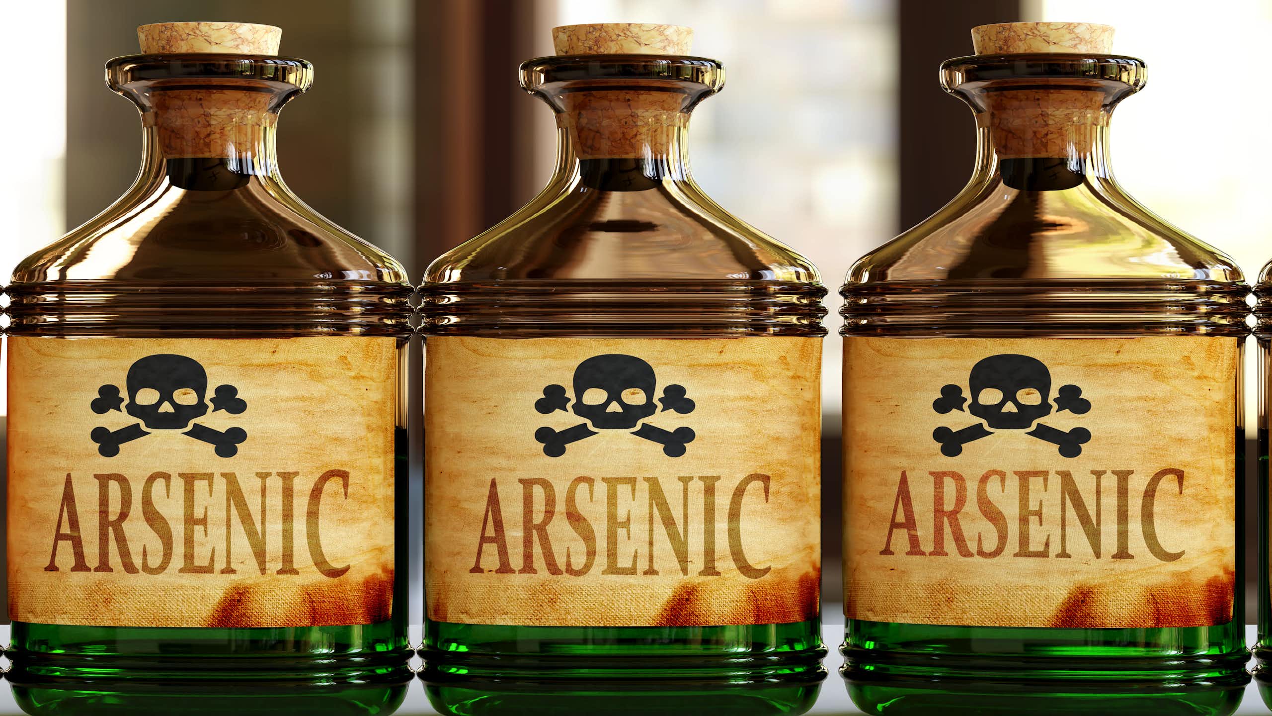 Frascos de arsênico com uma caveira no rótulo