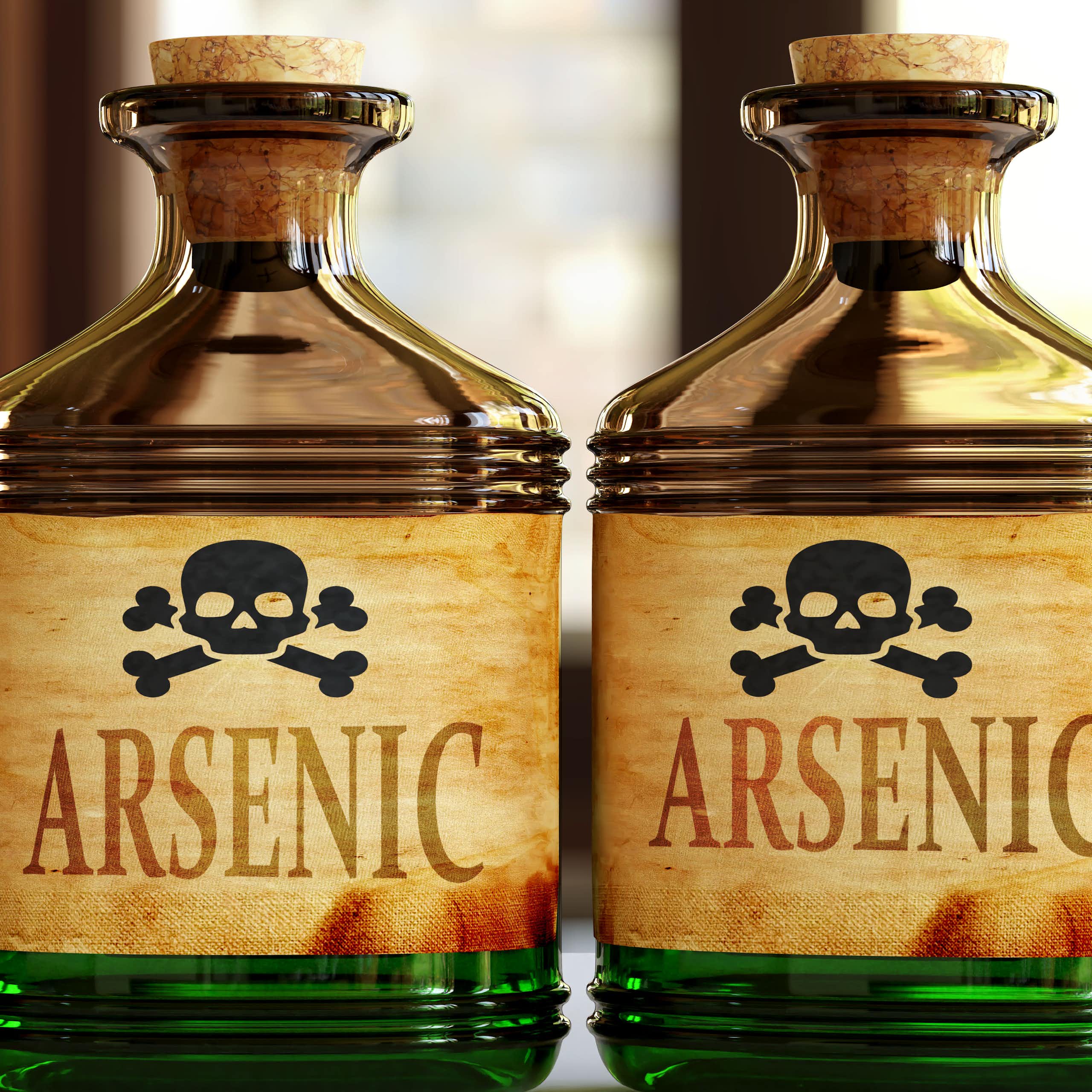 Frascos de arsênico com uma caveira no rótulo