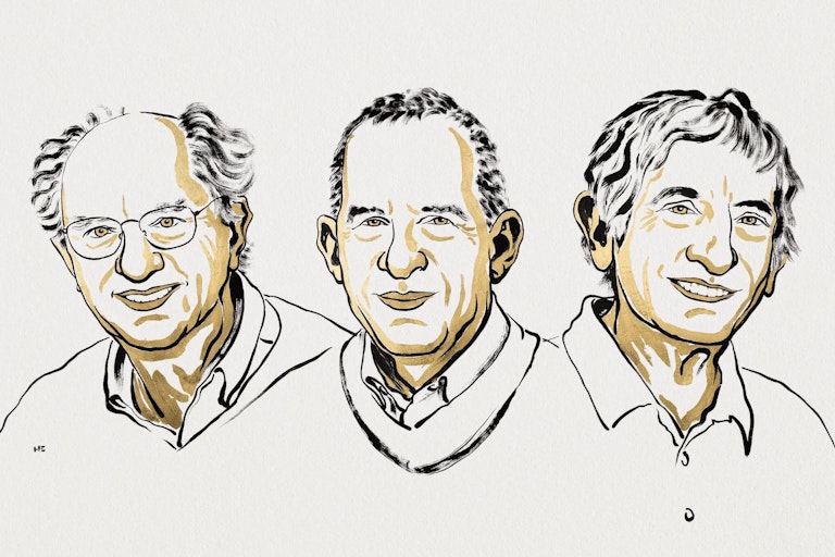 Three illustrations of the 2025 physics Nobel laureates' headshots