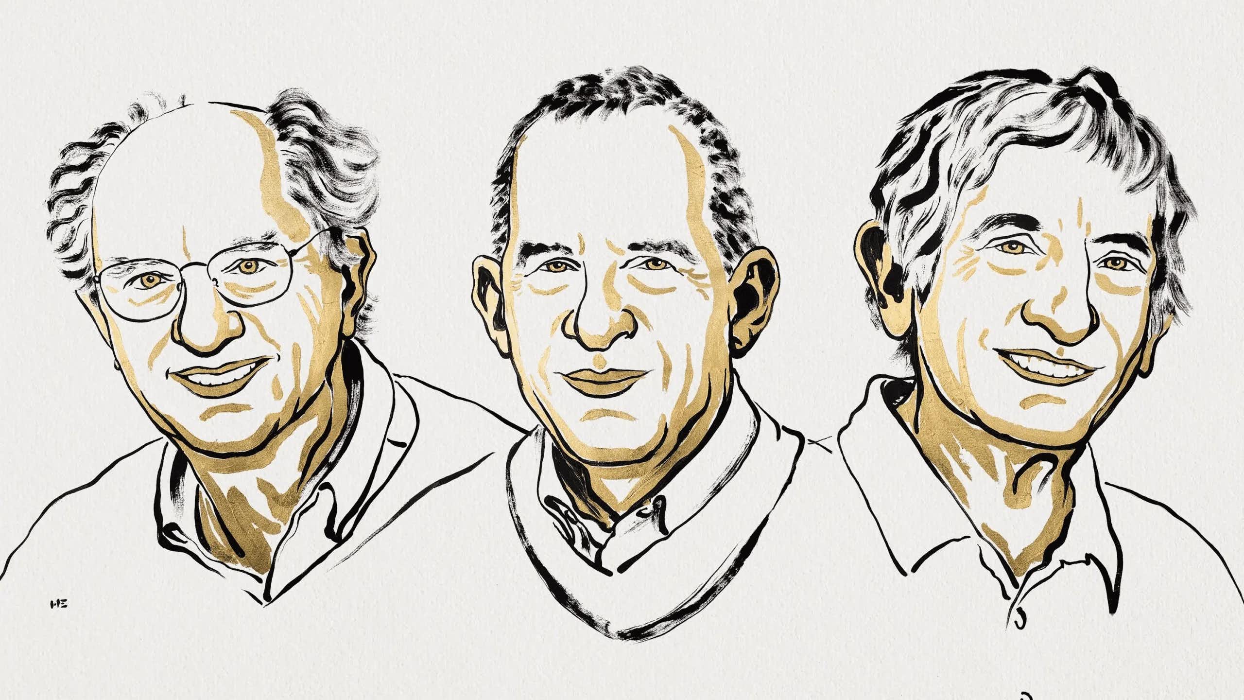 Three illustrations of the 2025 physics Nobel laureates' headshots