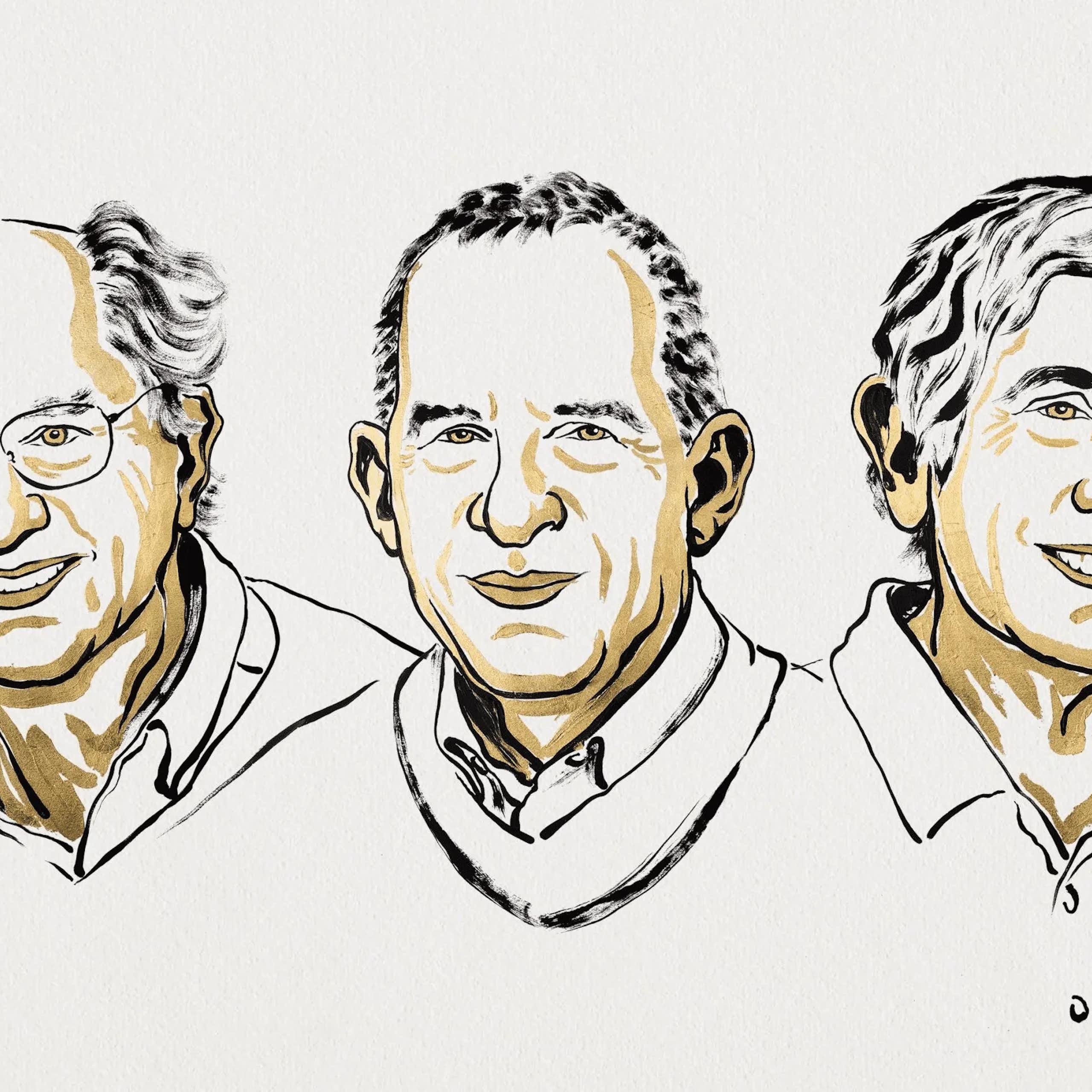 Three illustrations of the 2025 physics Nobel laureates' headshots