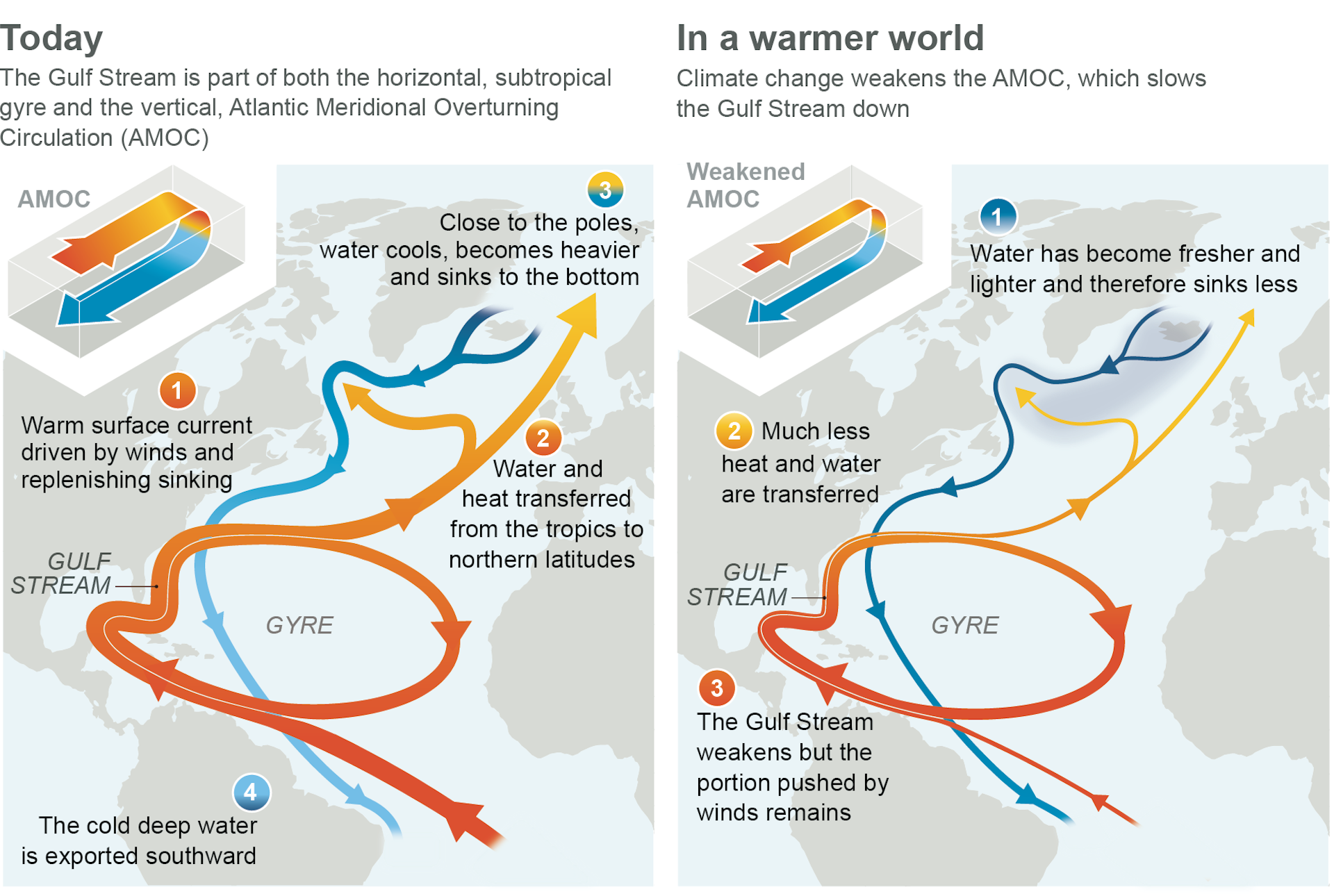 Two illustrations show how the AMOC looks today and its expected weaker state in the future