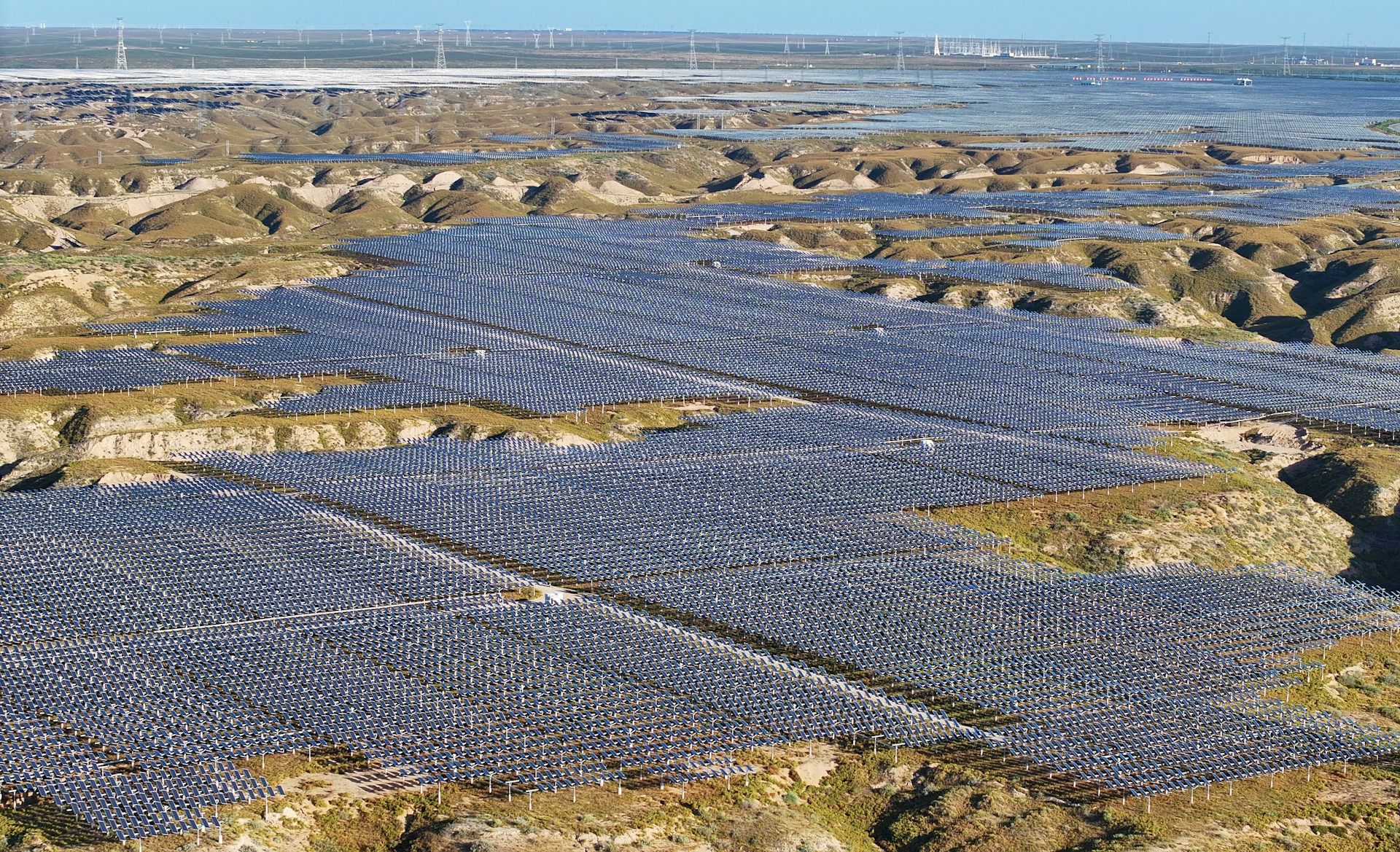 An aerial shot of a a huge swathe of solar panels in China.
