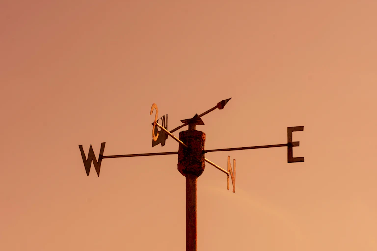 Silhouetted weather vane with arms pointing to points of the compass