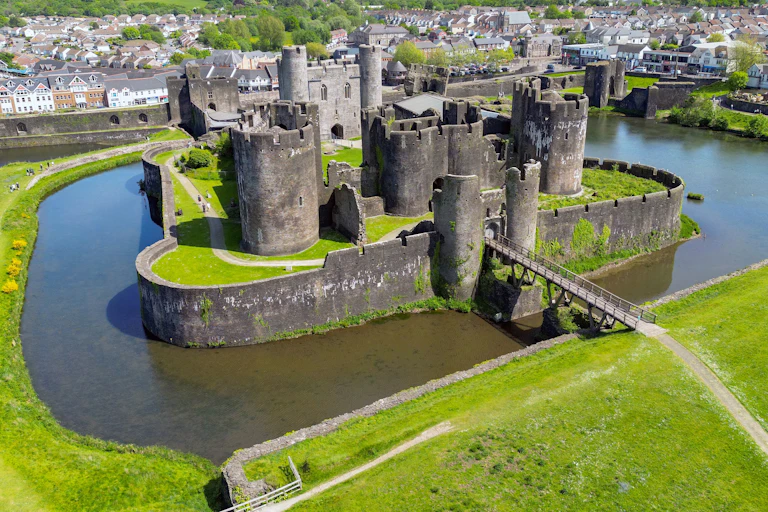 An aerial view of Caerphilly castle