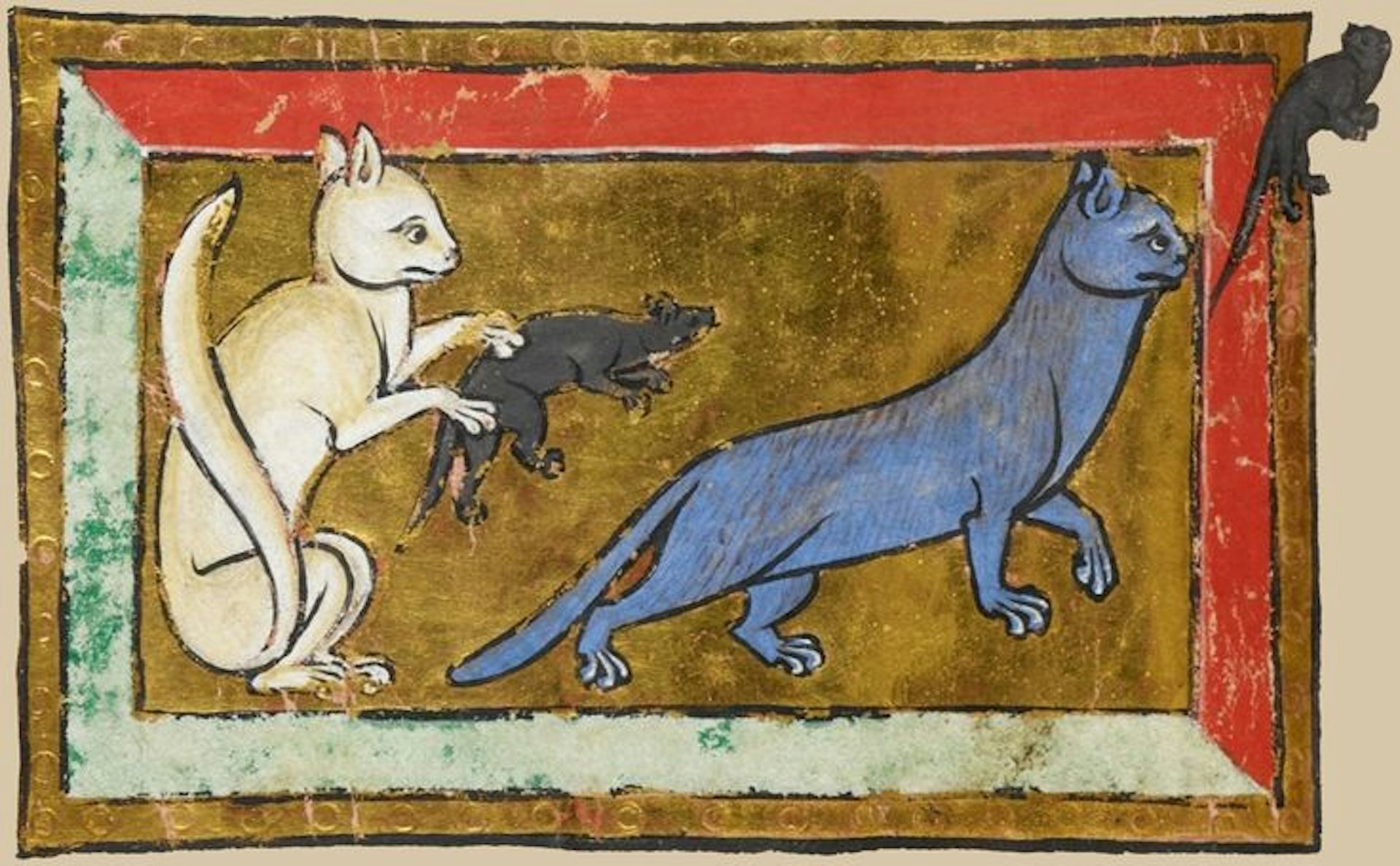 two cats hunting mice in a medieval illustration