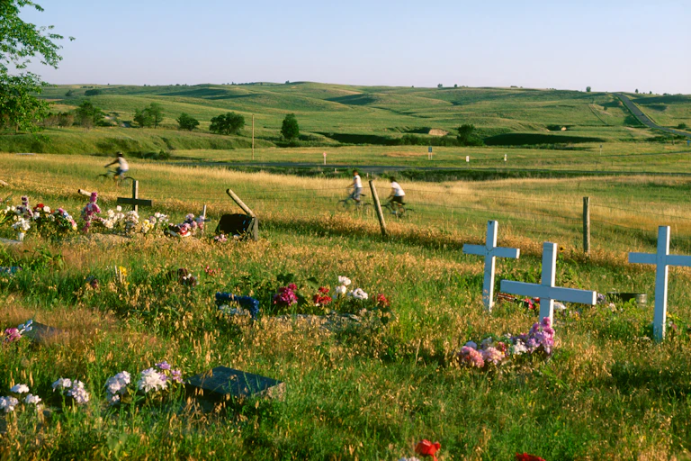 Rolling fields with flowers and grave markers. Three boys ride bikes in the distance.