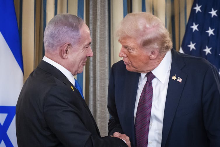 Gaza ceasefire and Donald Trump’s ‘dead cat diplomacy’ 1 Donald Trump shakes hands with Benjamin Netanyahu in the White House, September 29 2025.
