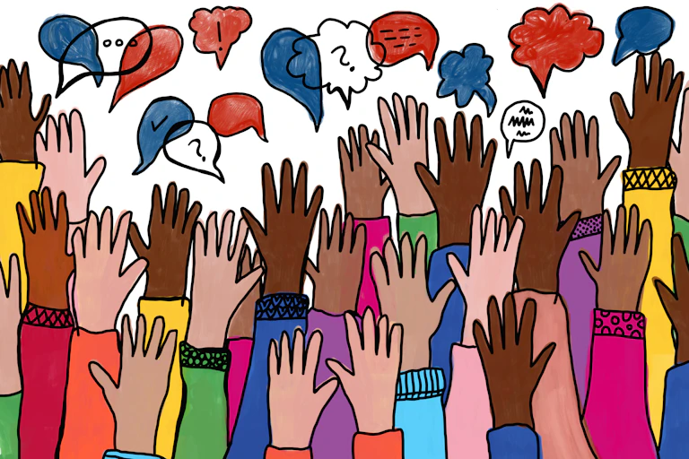 A lot of hands raised in a crowd, and speech bubbles above them.