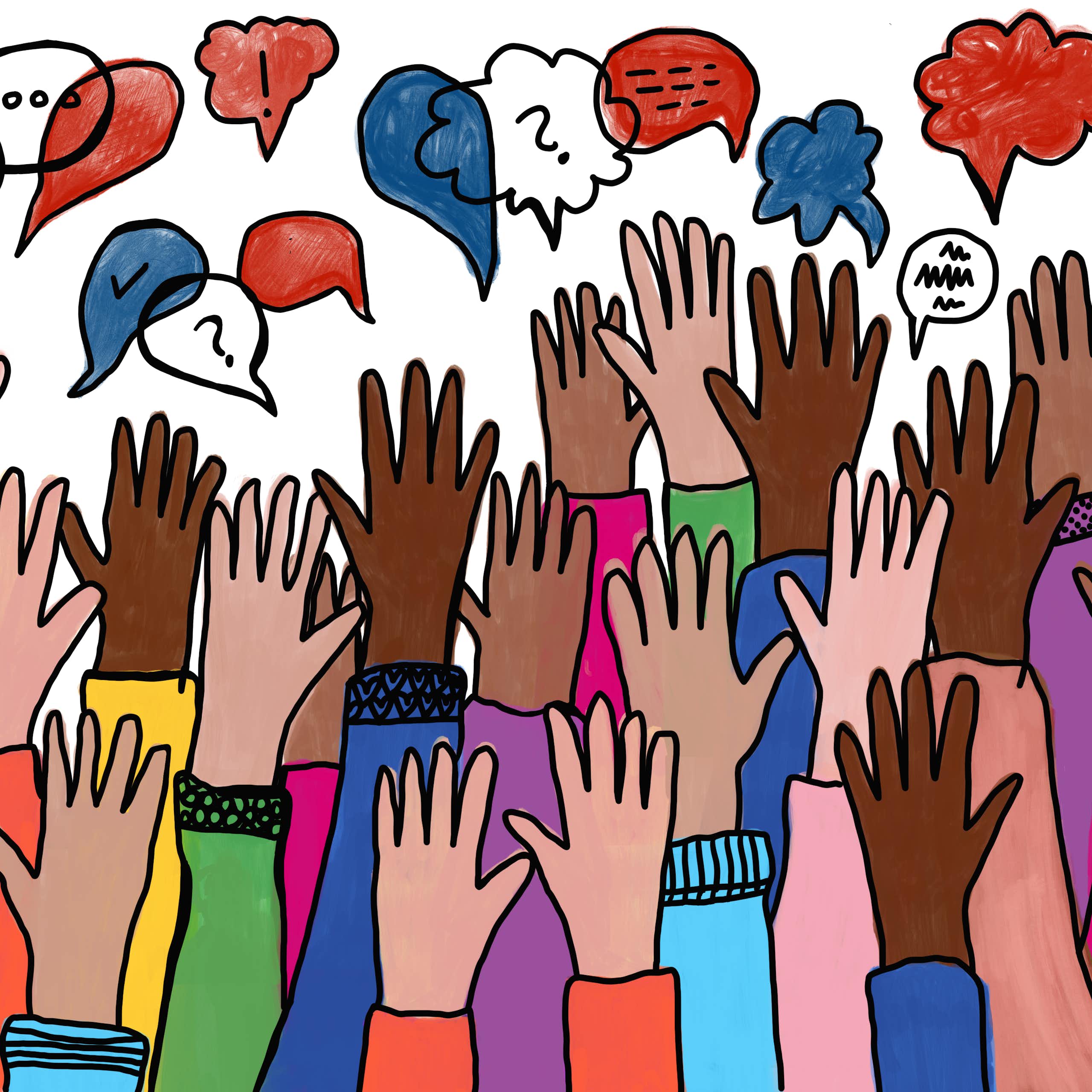 A lot of hands raised in a crowd, and speech bubbles above them.