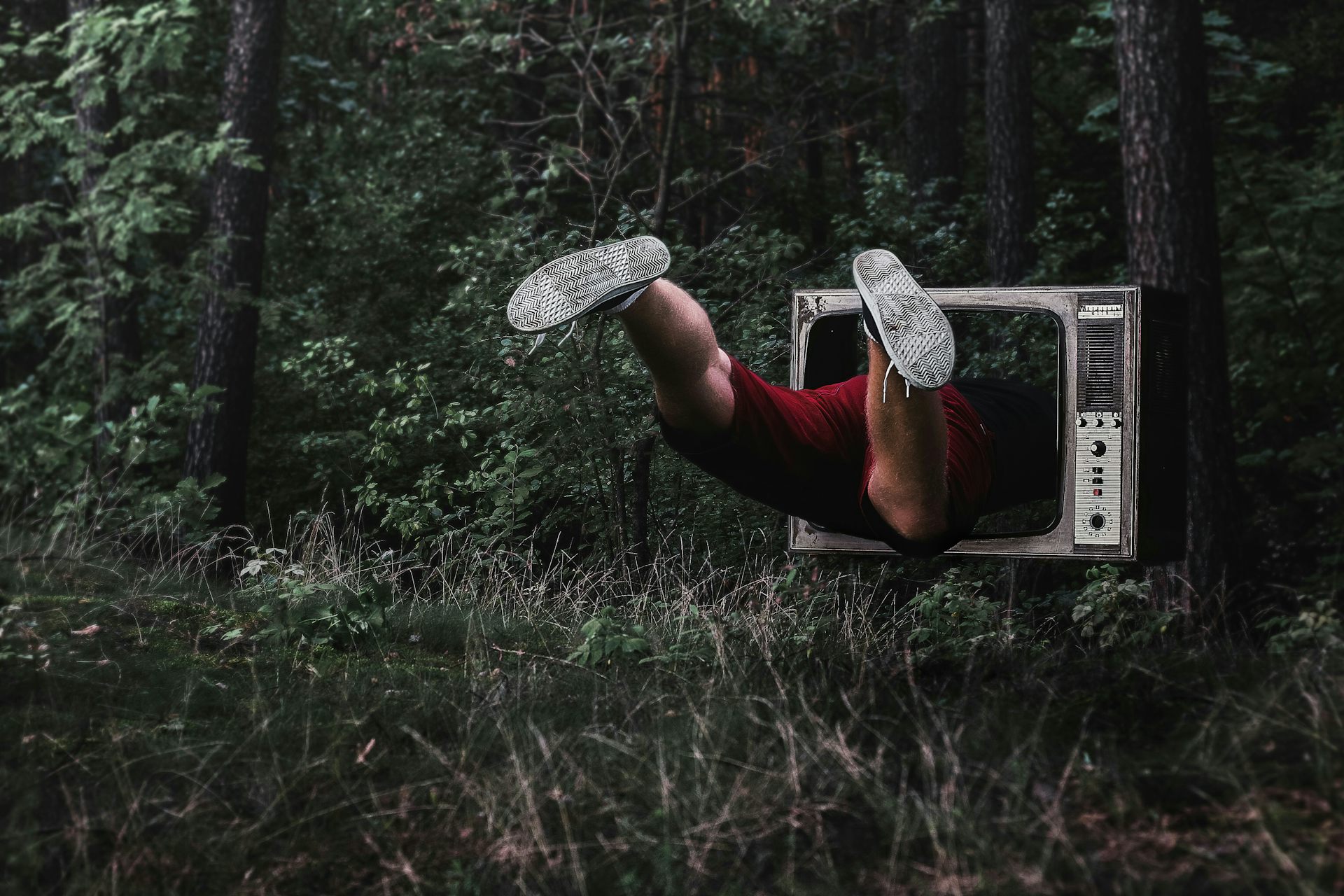 Un homme rentrant dans un téléviseur dans la forêt