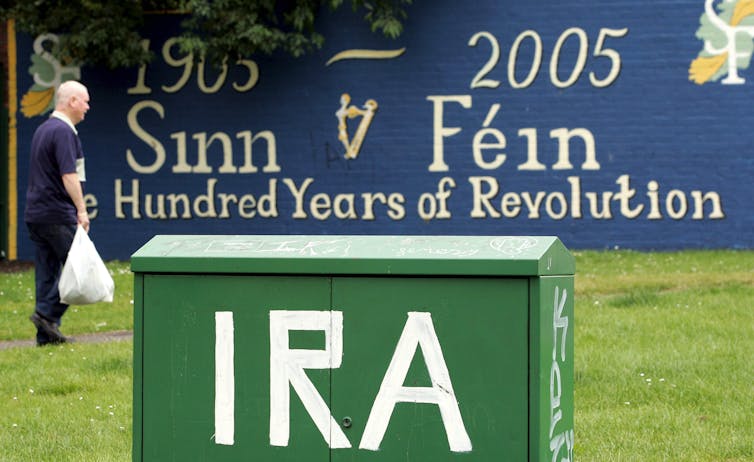 Hamas at a crossroads because the Gaza ceasefire deal comes into power 1 IRA graffiti on a telephone junction box in Belfast.