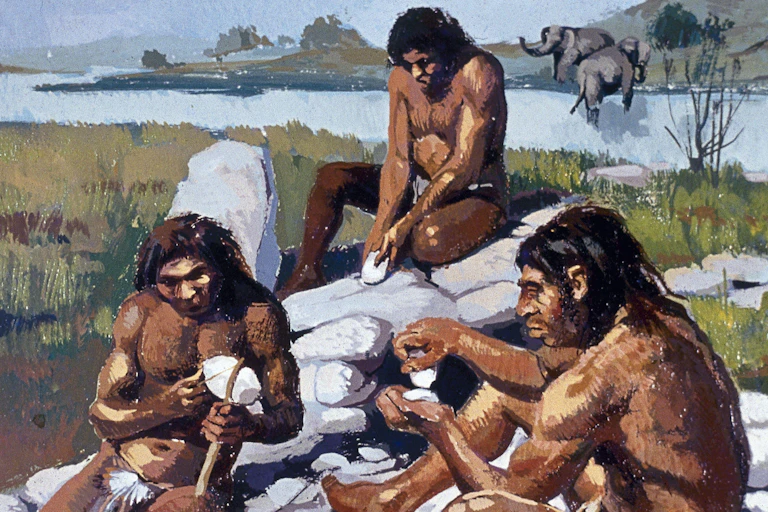 Illustration of Neanderthals using tools