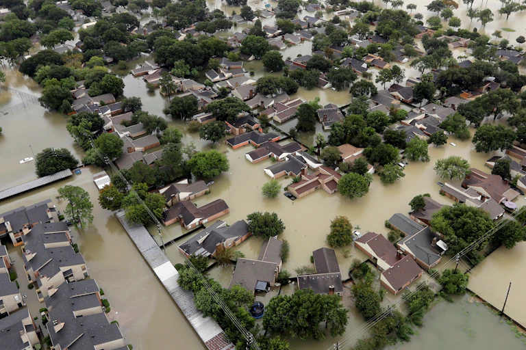 A neighborhood near Addicks Reservoir in Houston is flooded by rain from the remnants of Hurricane Harvey. Much of the area is a flood plain.