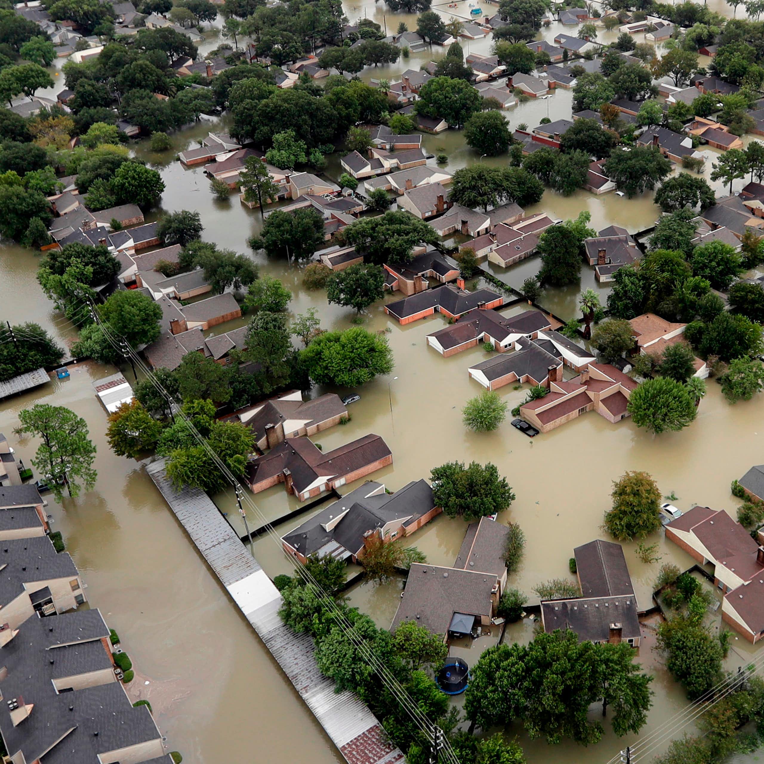 A neighborhood near Addicks Reservoir in Houston is flooded by rain from the remnants of Hurricane Harvey. Much of the area is a flood plain.